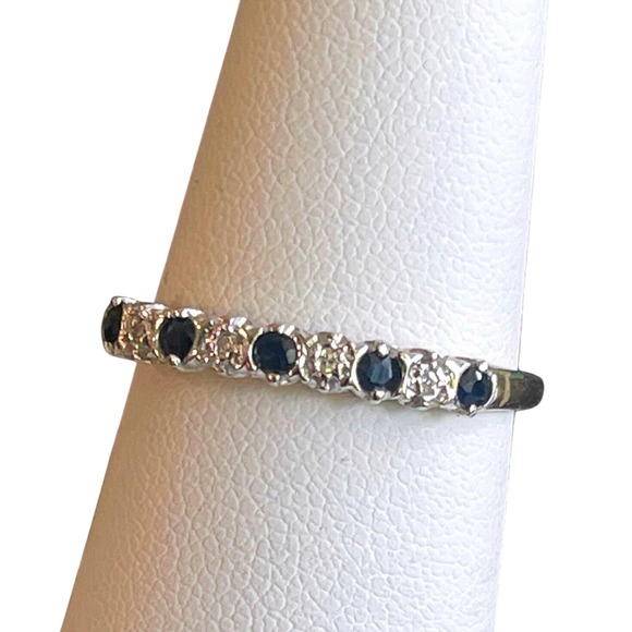 9K Gold Diamond Sapphire Band Ring Size 7 – Vintage Style Blue Gemstone Jewelry - Picture 1 of 7